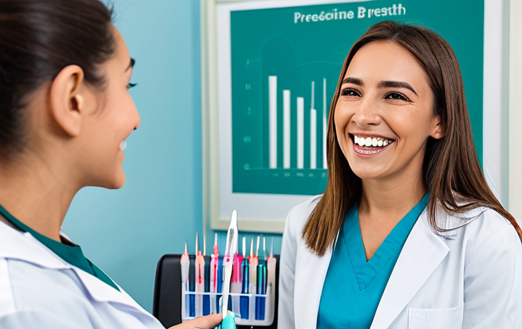 **

"A friendly and approachable female dentist in a modern, clean clinic setting, fully clothed in professional attire, demonstrating the proper use of interdental brushes and dental floss to a smiling patient. Background includes dental tools and educational charts. Safe for work, appropriate content, fully clothed, modest clothing, professional, perfect anatomy, natural proportions, family-friendly."

**