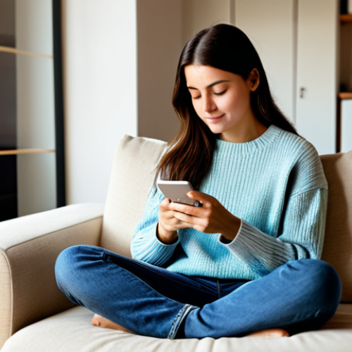 **

A woman in her late 20s, wearing a comfortable, fully clothed outfit like a sweater and jeans, sitting on a cozy sofa in a warmly lit living room. She's holding a cup of tea and looking thoughtfully at a mindfulness app on her smartphone. Soft, diffused lighting, natural colors, promoting self-care and mental wellness. Safe for work, appropriate content, fully clothed, modest, family-friendly, perfect anatomy, correct proportions, natural pose, well-formed hands, proper finger count, natural body proportions.

**