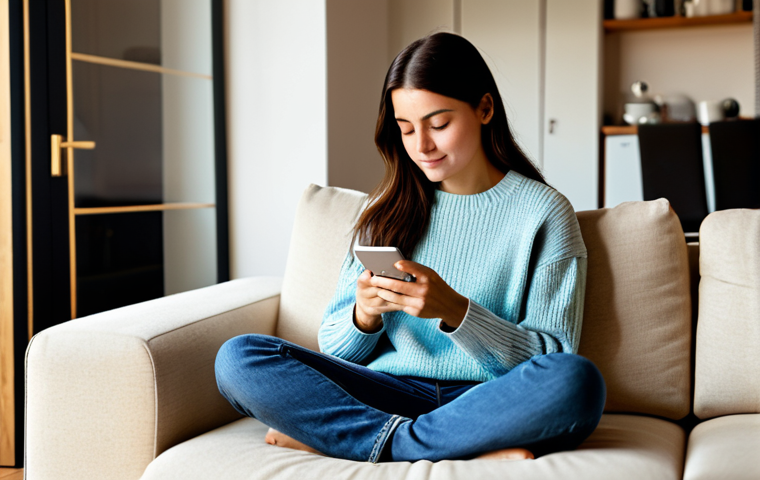 **

A woman in her late 20s, wearing a comfortable, fully clothed outfit like a sweater and jeans, sitting on a cozy sofa in a warmly lit living room. She's holding a cup of tea and looking thoughtfully at a mindfulness app on her smartphone. Soft, diffused lighting, natural colors, promoting self-care and mental wellness. Safe for work, appropriate content, fully clothed, modest, family-friendly, perfect anatomy, correct proportions, natural pose, well-formed hands, proper finger count, natural body proportions.

**