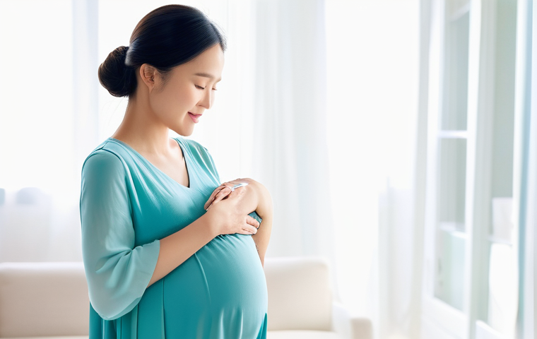 보건소에서의 임산부 독감 예방접종 - **Prompt 1: The Protective Embrace of Motherhood and Health**
    "A radiant Japanese pregnant woman...