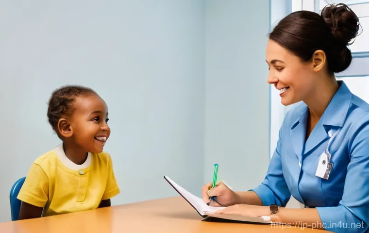 보건소에서 가능한 소아 진료 - **Prompt:** A heartwarming and professional scene inside a brightly lit public health center. A kind...