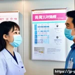 보건소에서의 장티푸스 예방접종 - A modern Japanese public health center interior with a friendly female nurse in a white uniform expl...