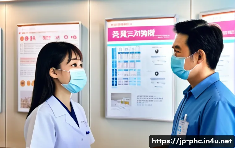 보건소에서의 장티푸스 예방접종 - A modern Japanese public health center interior with a friendly female nurse in a white uniform expl...