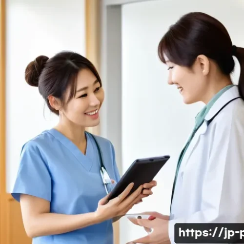 보건소에서의 비만 진단 비용 - A bright, modern Japanese public health center interior featuring a friendly female public health nu...