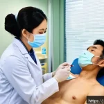 보건소에서의 간 건강 진단 비용 - A modern Japanese public health center interior during a liver function blood test, featuring a calm...