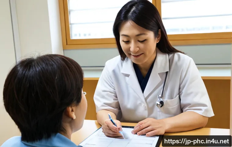 보건소에서의 알레르기 검사 후기 - Photorealistic Japanese public health clinic consultation room, a middle-aged woman calmly discussin...